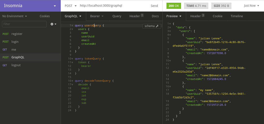 Get all users by GraphQL with Insomnia