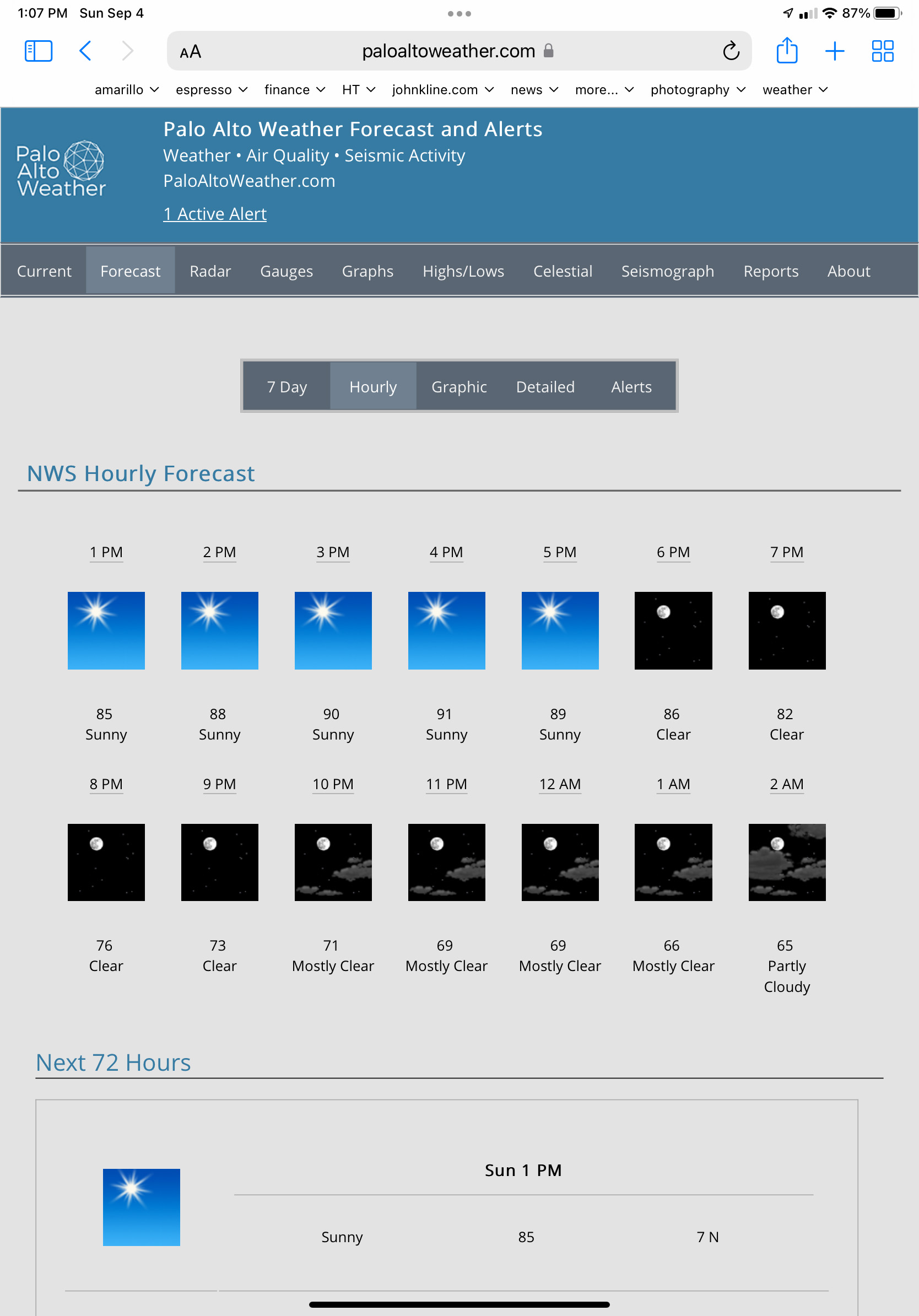 NWS One-Hour Forecasts screenshot