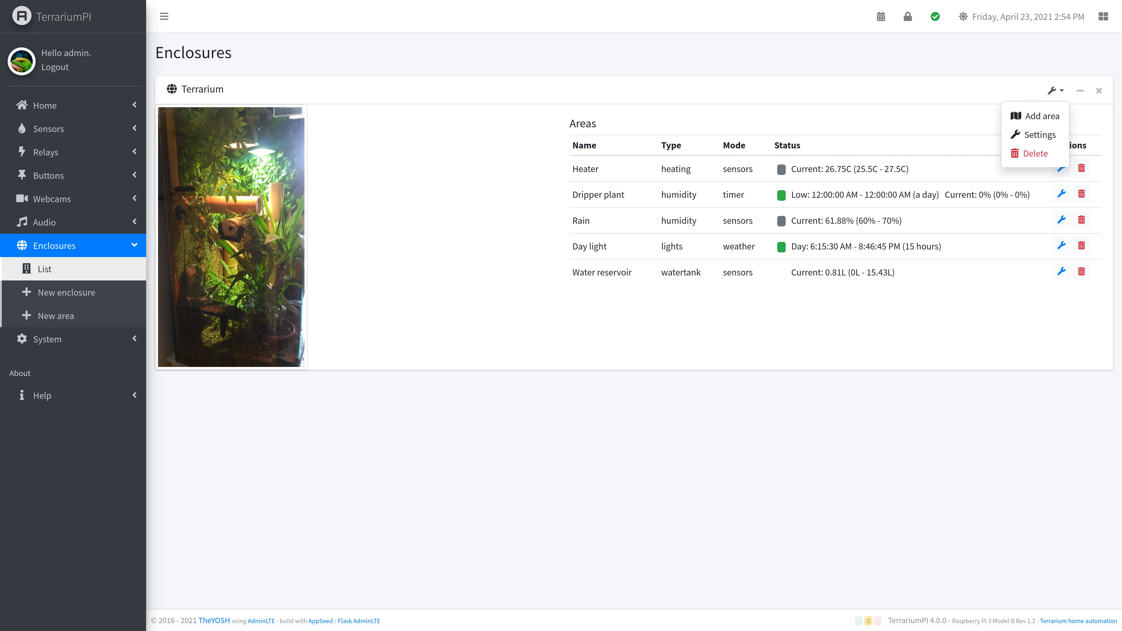 TerrariumPI 4.0 Enclosure list screenshot