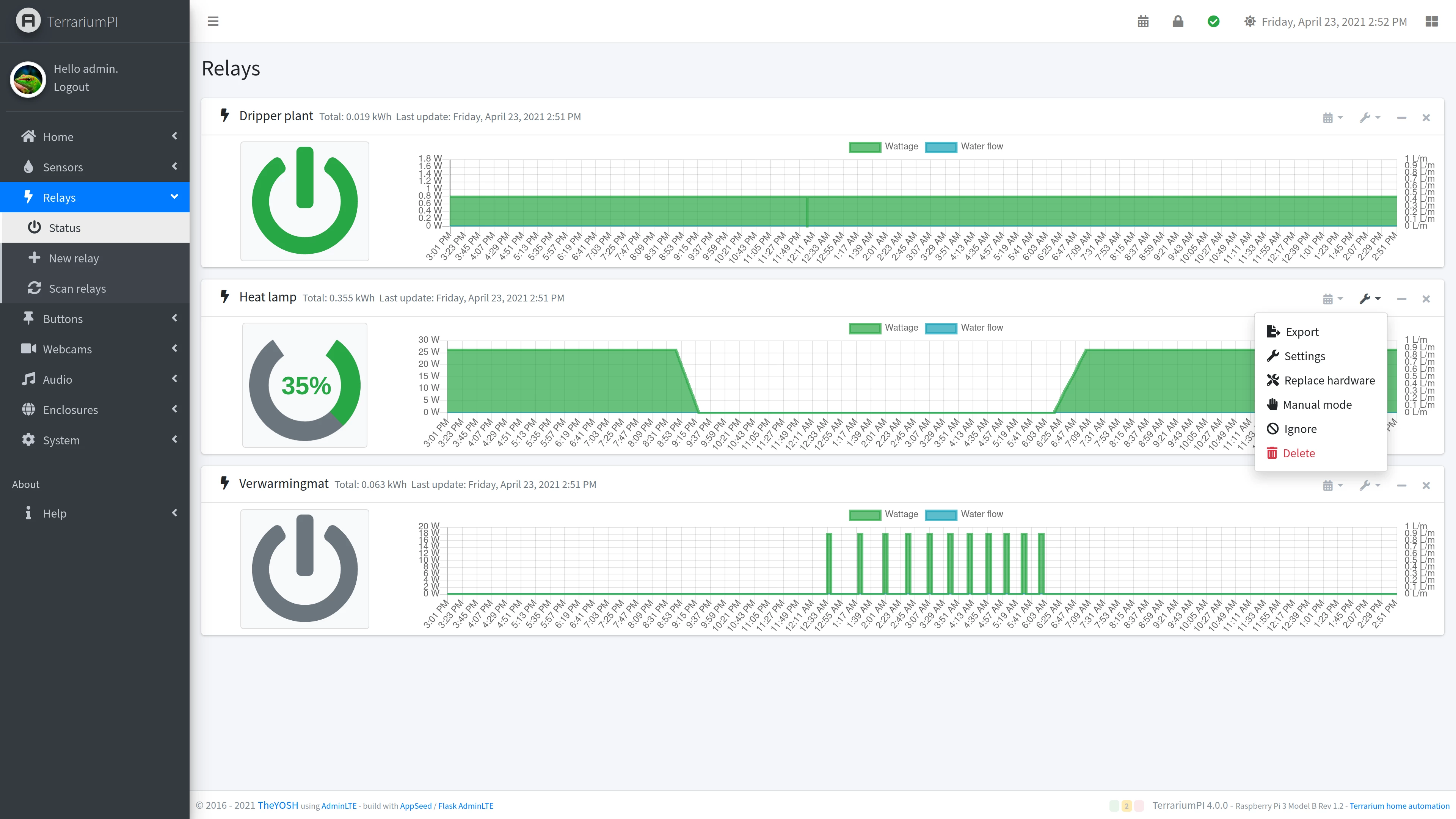 TerrariumPI 4.0 Relays list screenshot