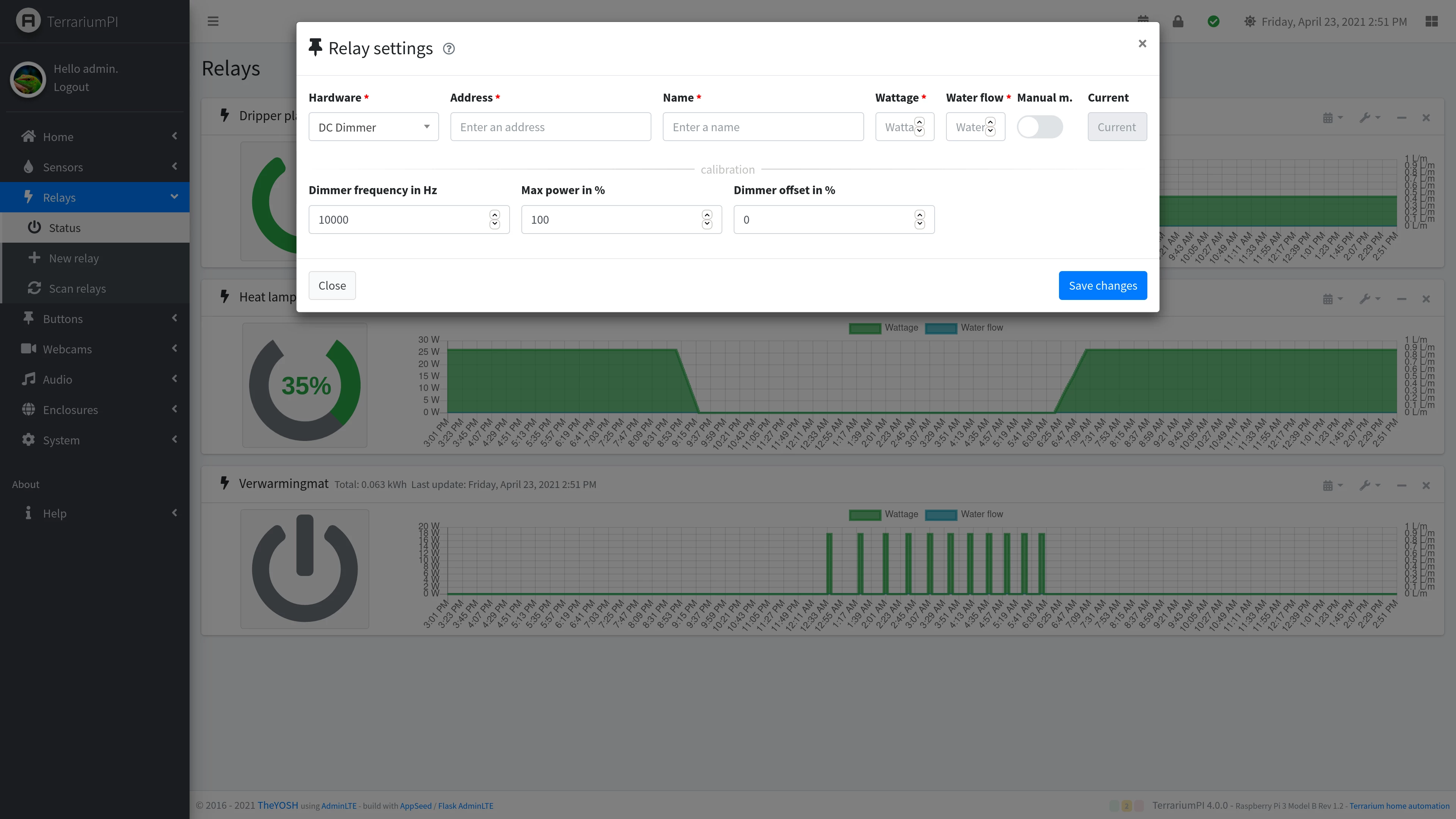 TerrariumPI 4.0 Relays settings screenshot