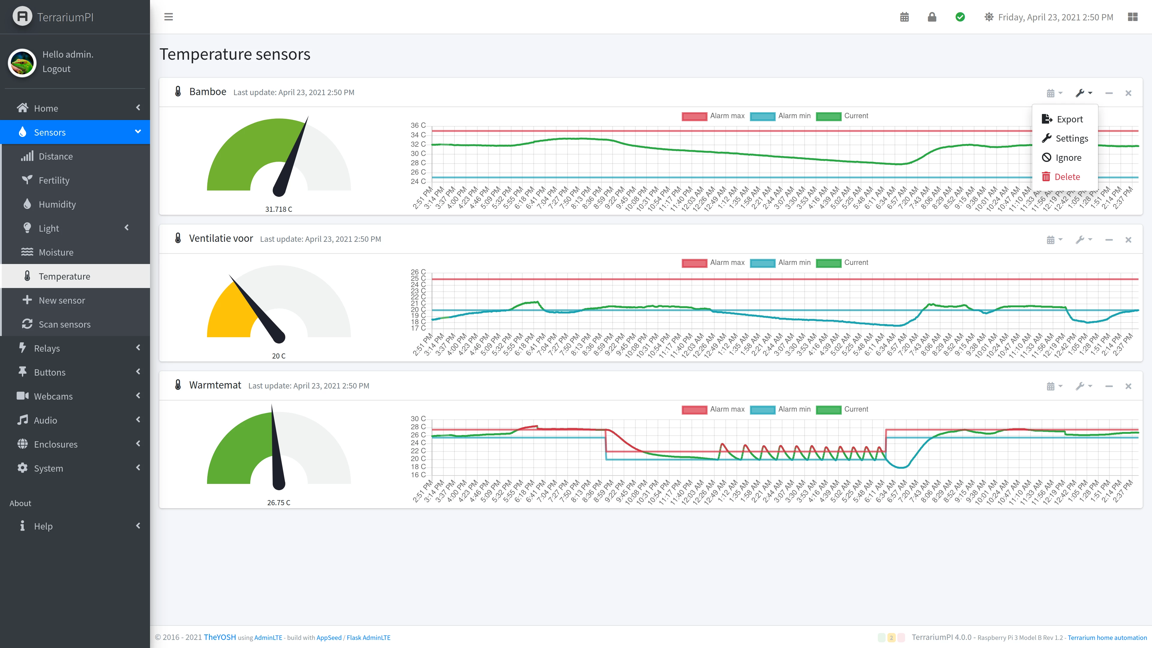 TerrariumPI 4.0 Sensors temperature list screenshot