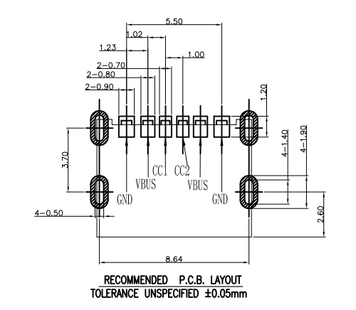 Datasheet diagram of USB-C 6P connector