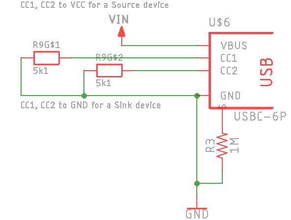 Eagle schematic view of USB-C 6P along with support resistors