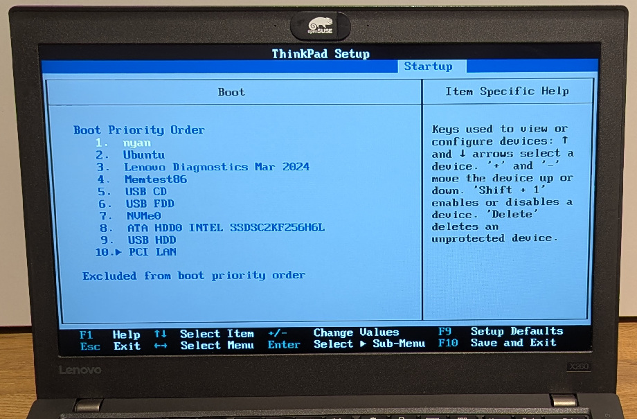 ThinkPad BIOS Setup, setting nyan as first boot entry