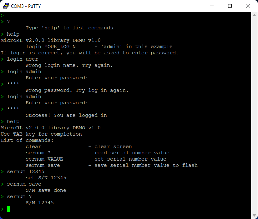 Window of terminal with microrl library