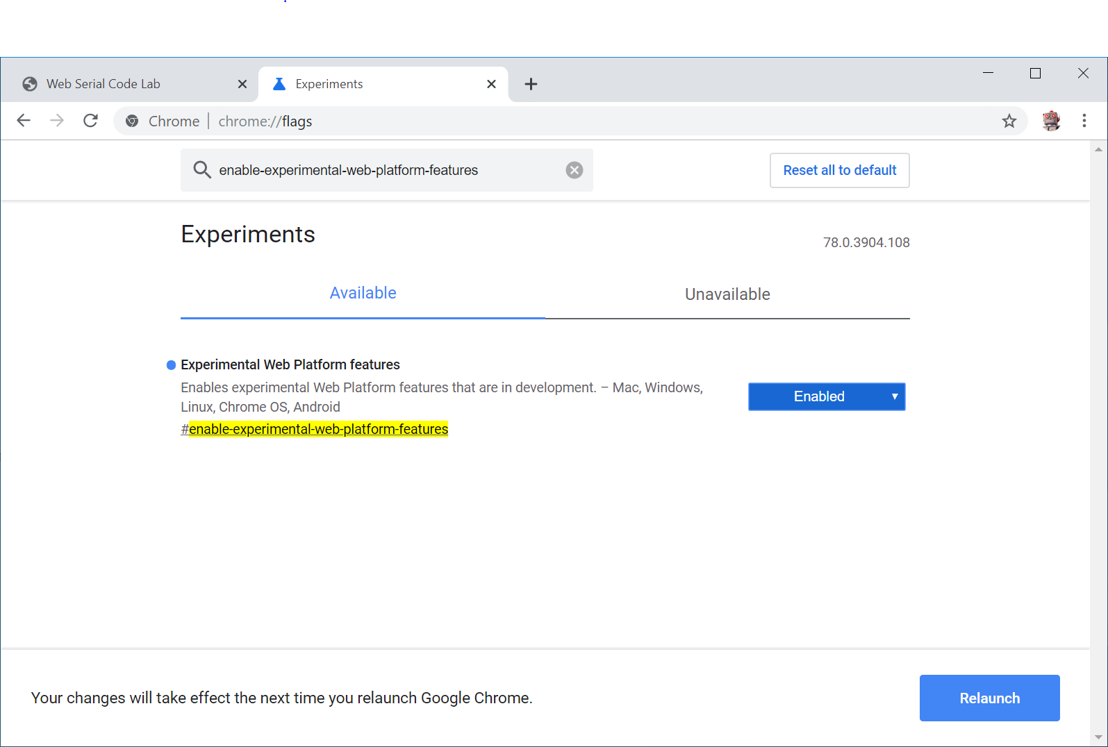 Screenshot of Chrome enable-experimental-web-platform-features flag
