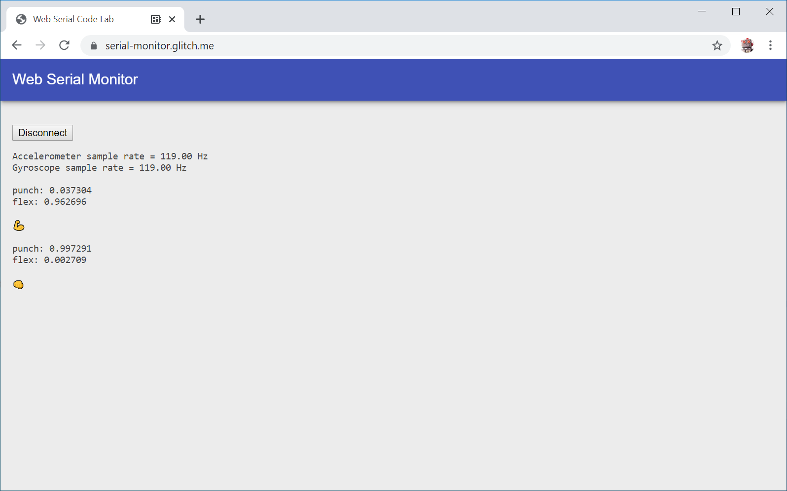 Screenshot of Chrome web page with text and emoji output from Arduino