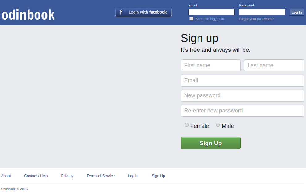 Odinbook Log In/Sign Up page