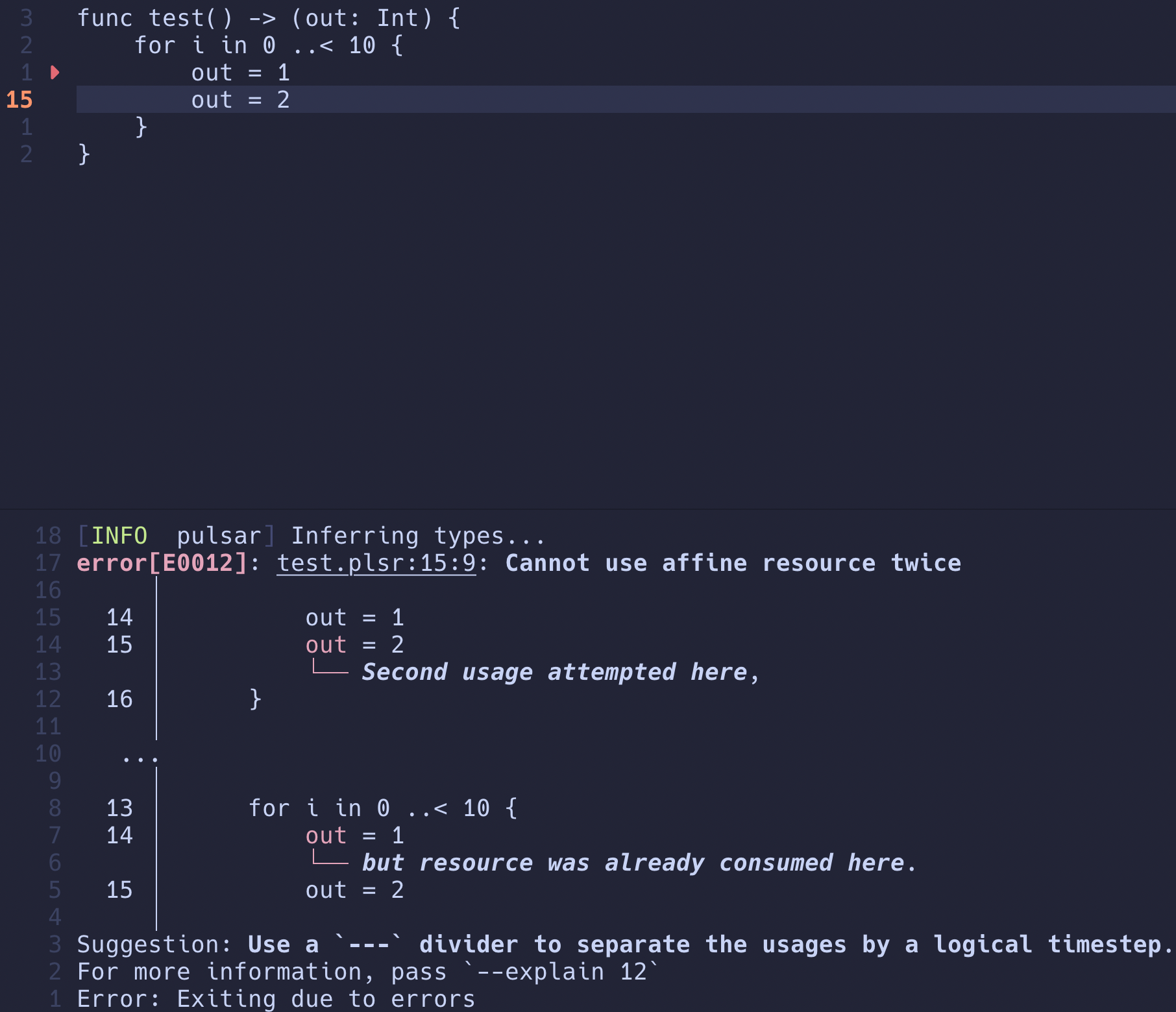 Affine type checking error message example