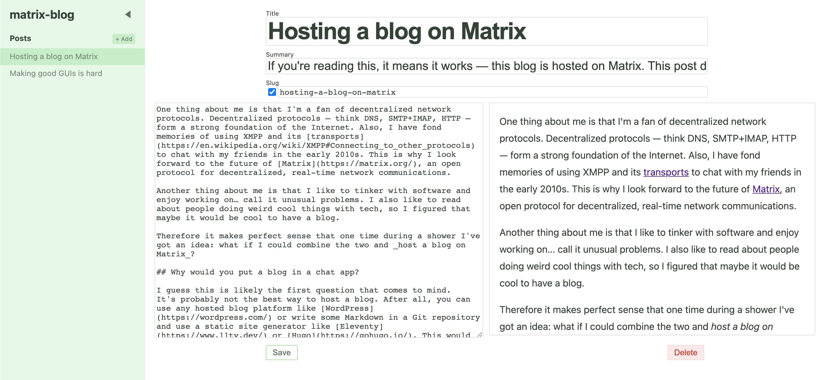 Screenshot of matrix-blog-admin running on a desktop browser