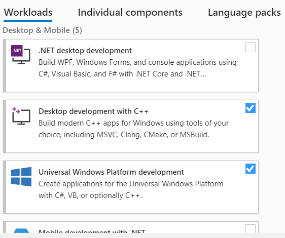 Select both 'Desktop development with C++' and 'Universal Windows Platform development' workloads