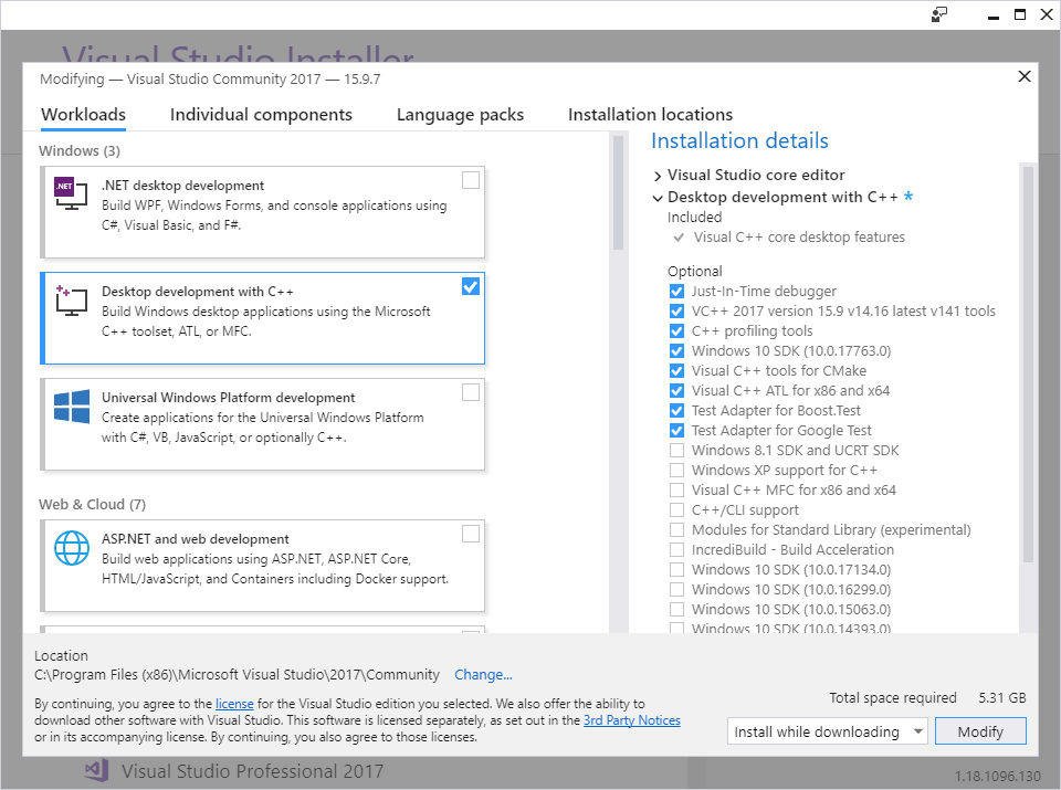 Select the 'Desktop development with C++' workload