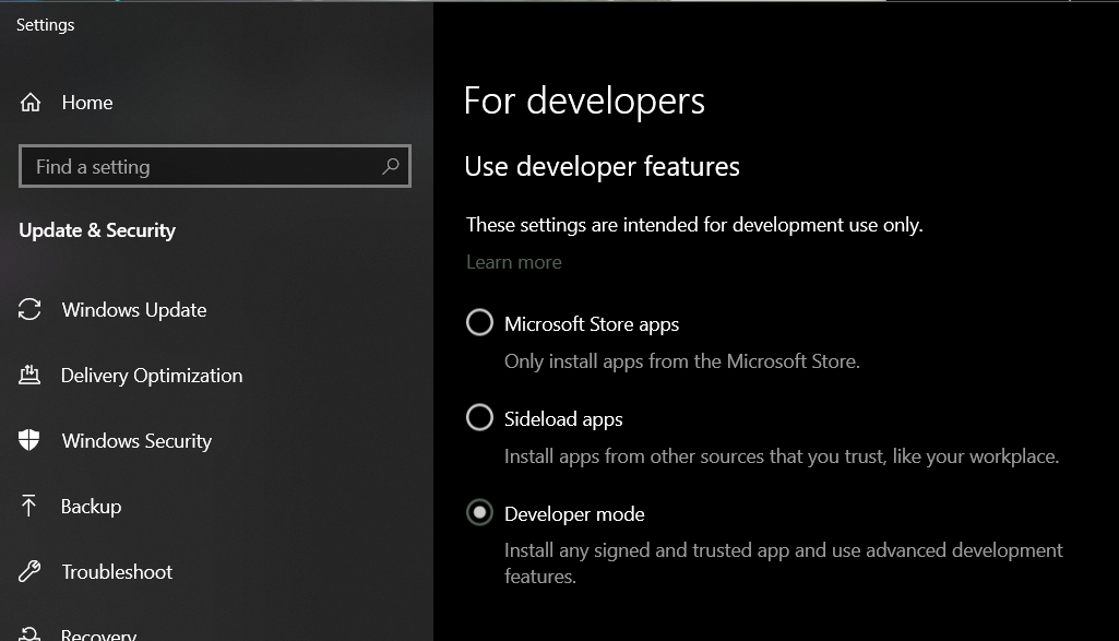 Enable Developer Mode in Windows Settings