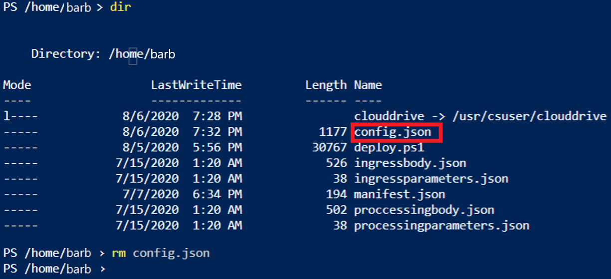 Screenshot of removing config file from the directory