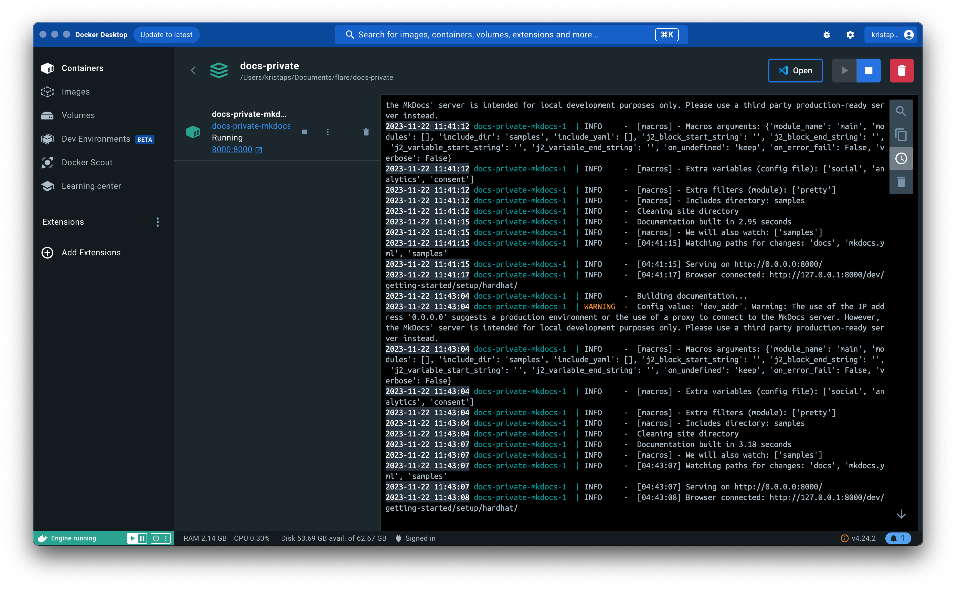 Container details in Docker Desktop