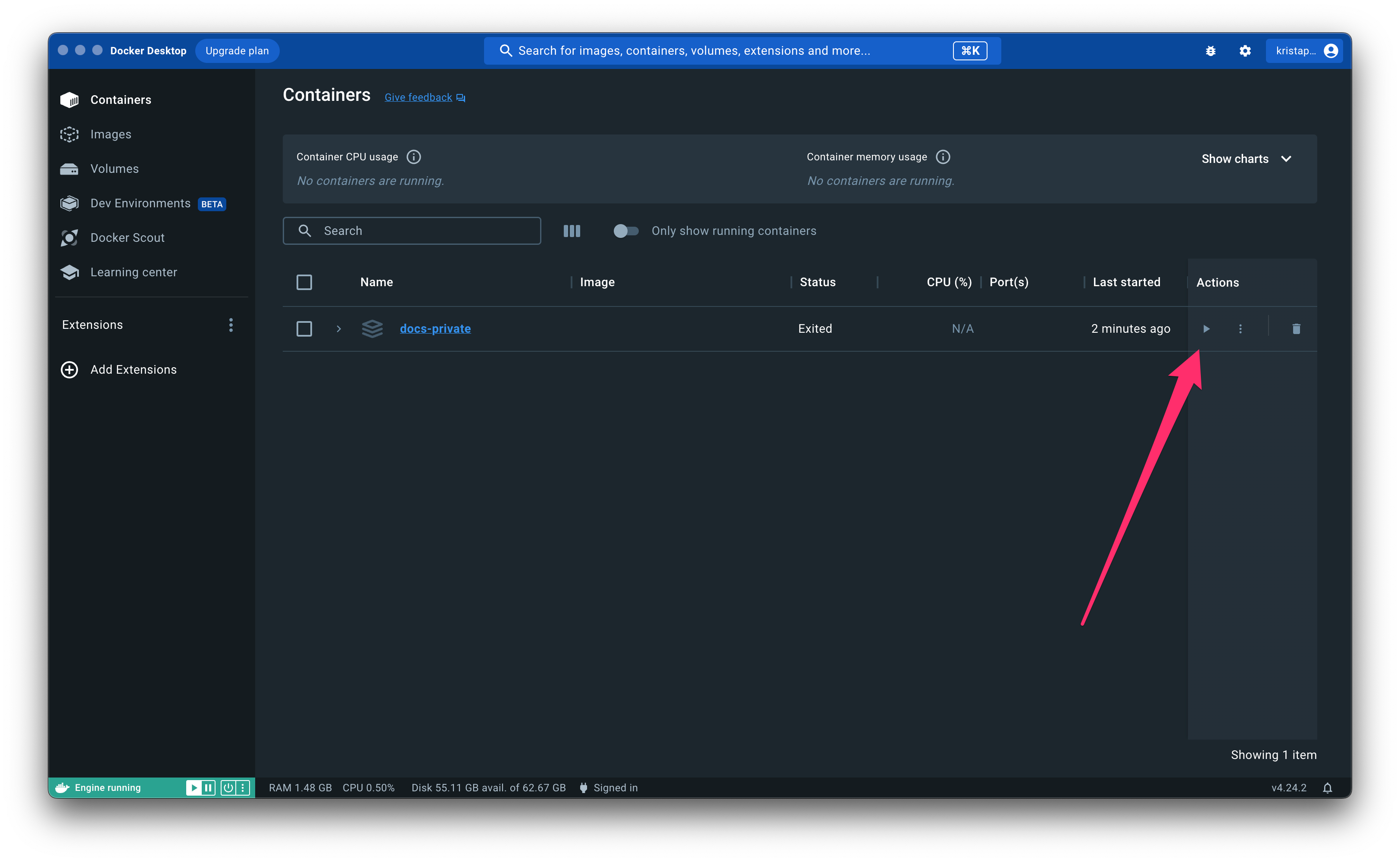 Start Flare Docs in Docker Desktop