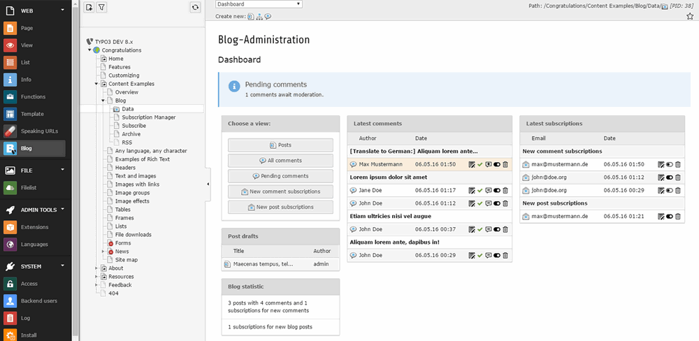 Backend module: dashboard