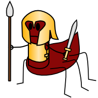 Myrmidon cartoon by Horacio Gonzalez. A 'centaur' ant is drawn, with an ant's body and legs, and a humanoid torso, wearing a breastplate and helmet in an Ancient Greek style, and carrying a spear in its right hand and a sword in its left. (It also has its six ant legs).