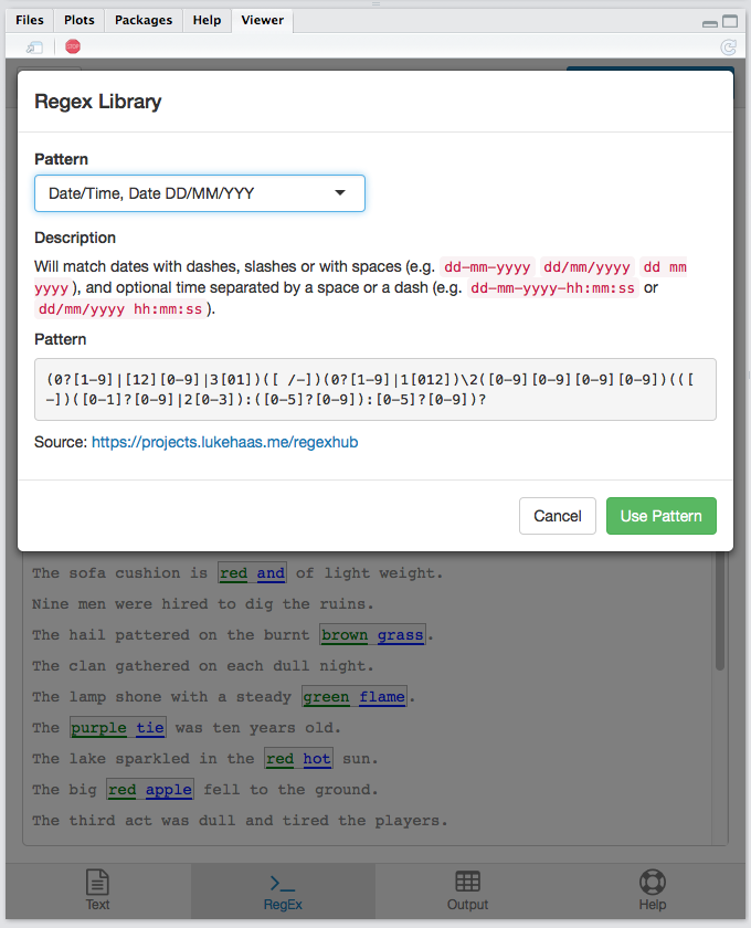 regexplain library modal