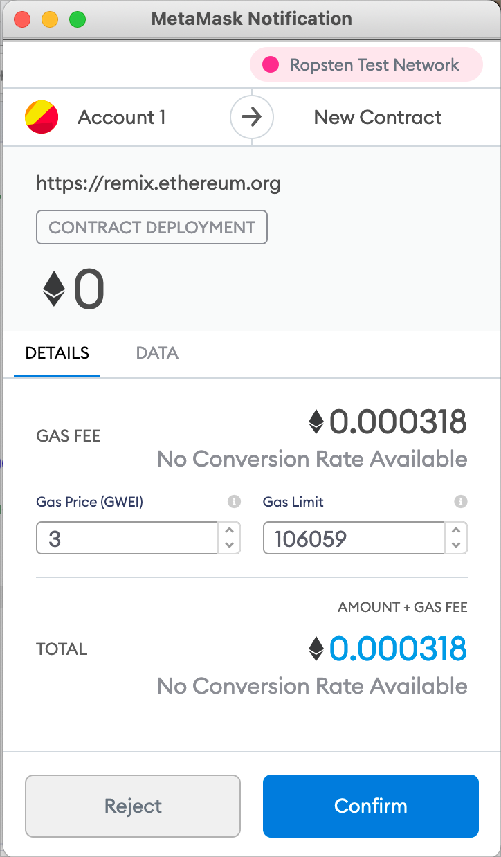 MetaMask showing the contract creation transaction