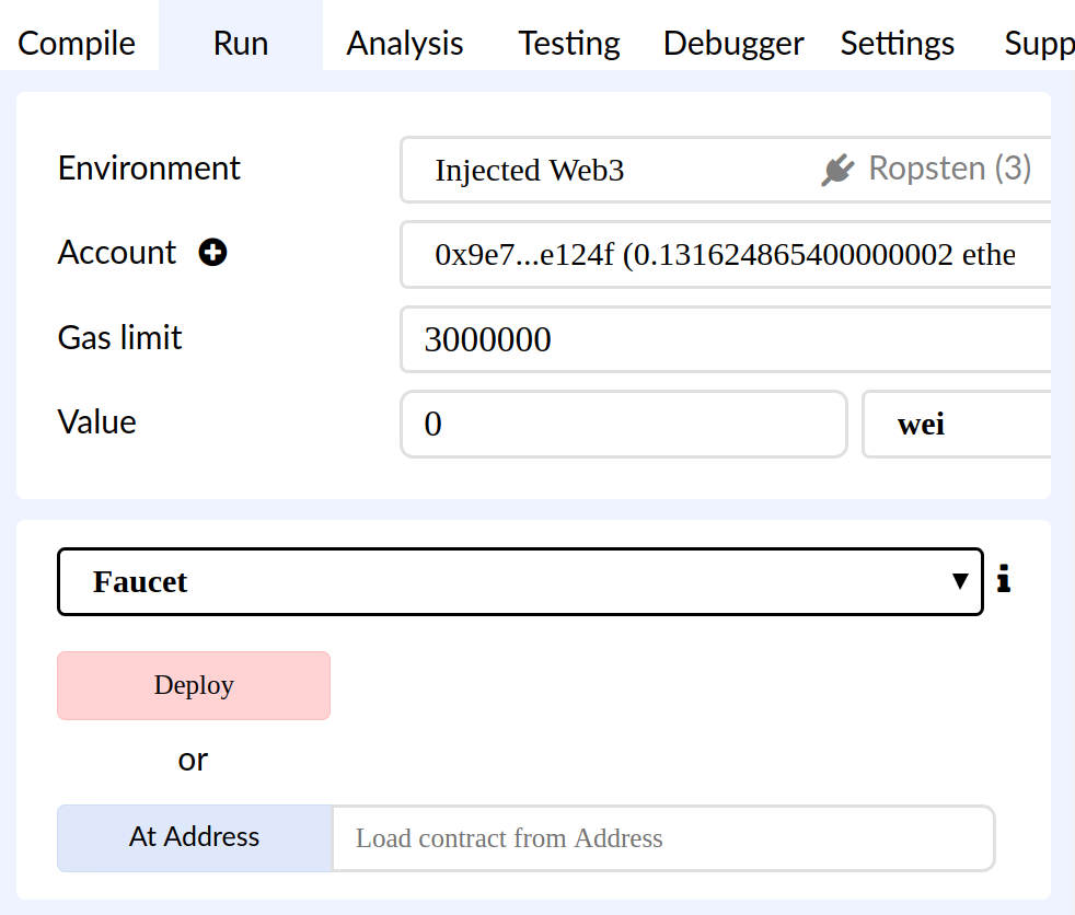 Remix IDE Run tab, with Injected Web3 environment selected