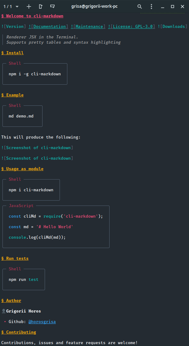 Screenshot of cli-markdown