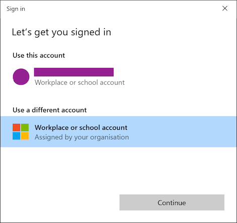 Initial dialog to choose an existing or different account