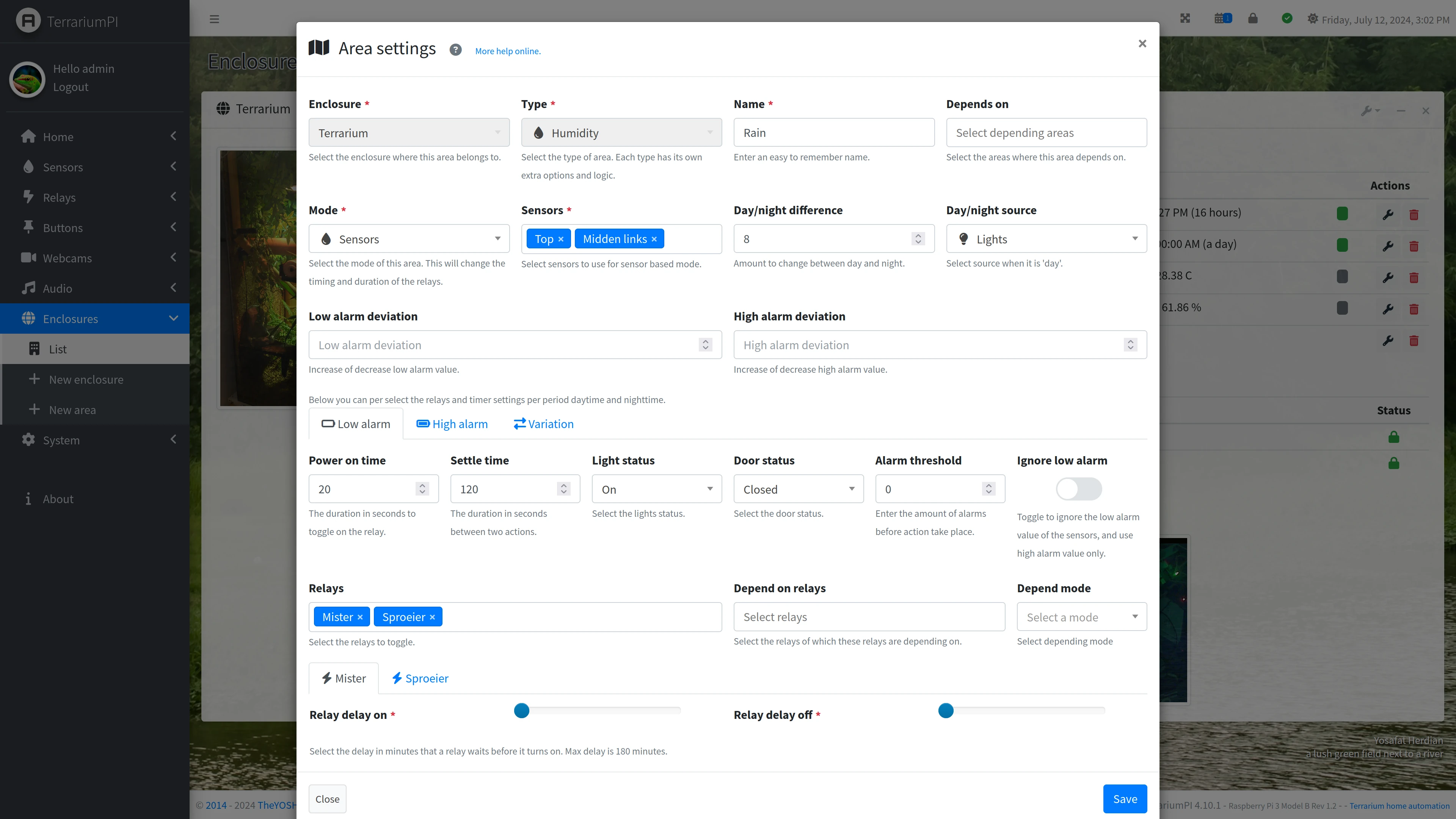 TerrariumPI 4.0 Area Humidity setup screenshot