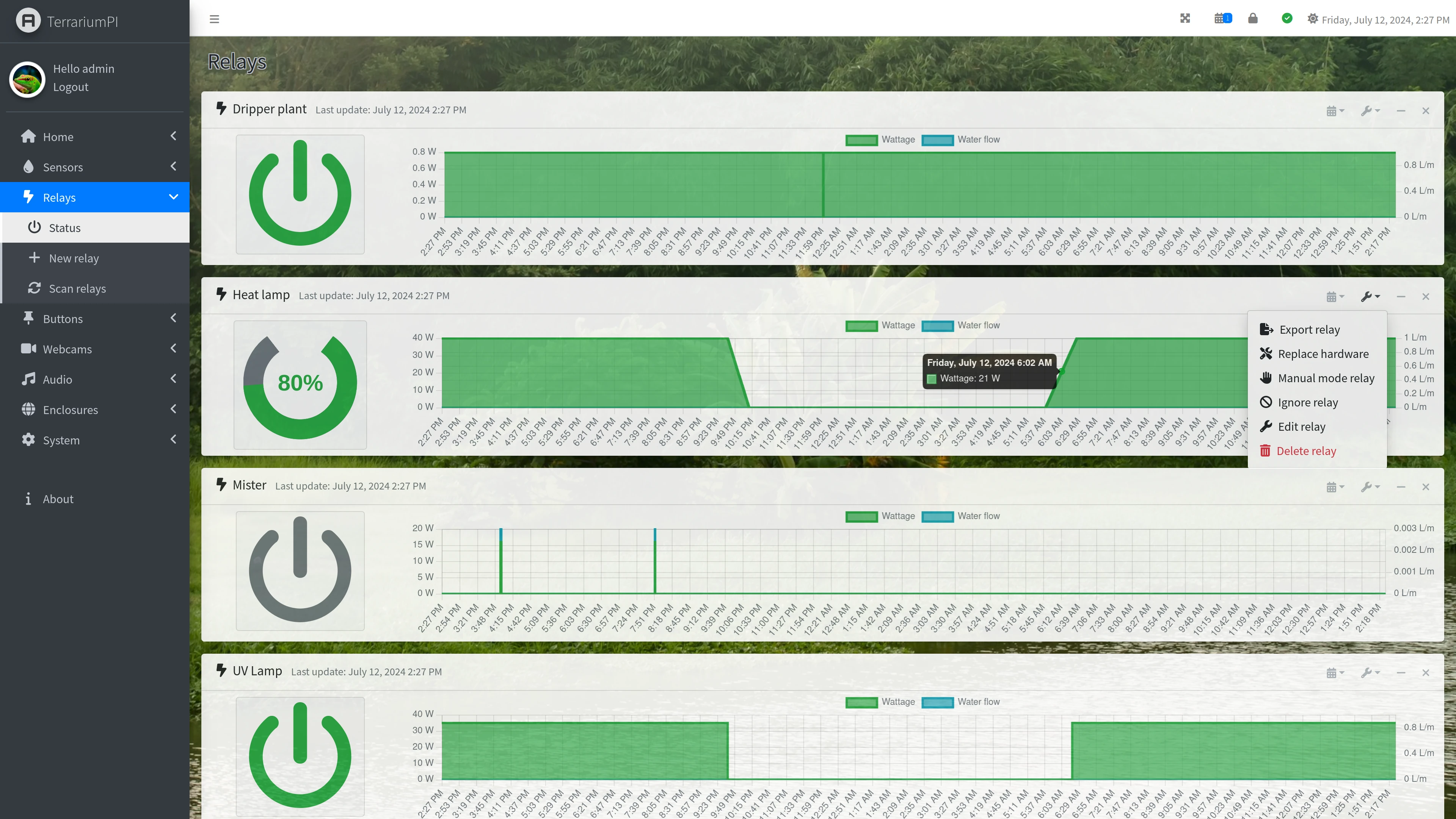TerrariumPI 4.0 Relays list screenshot