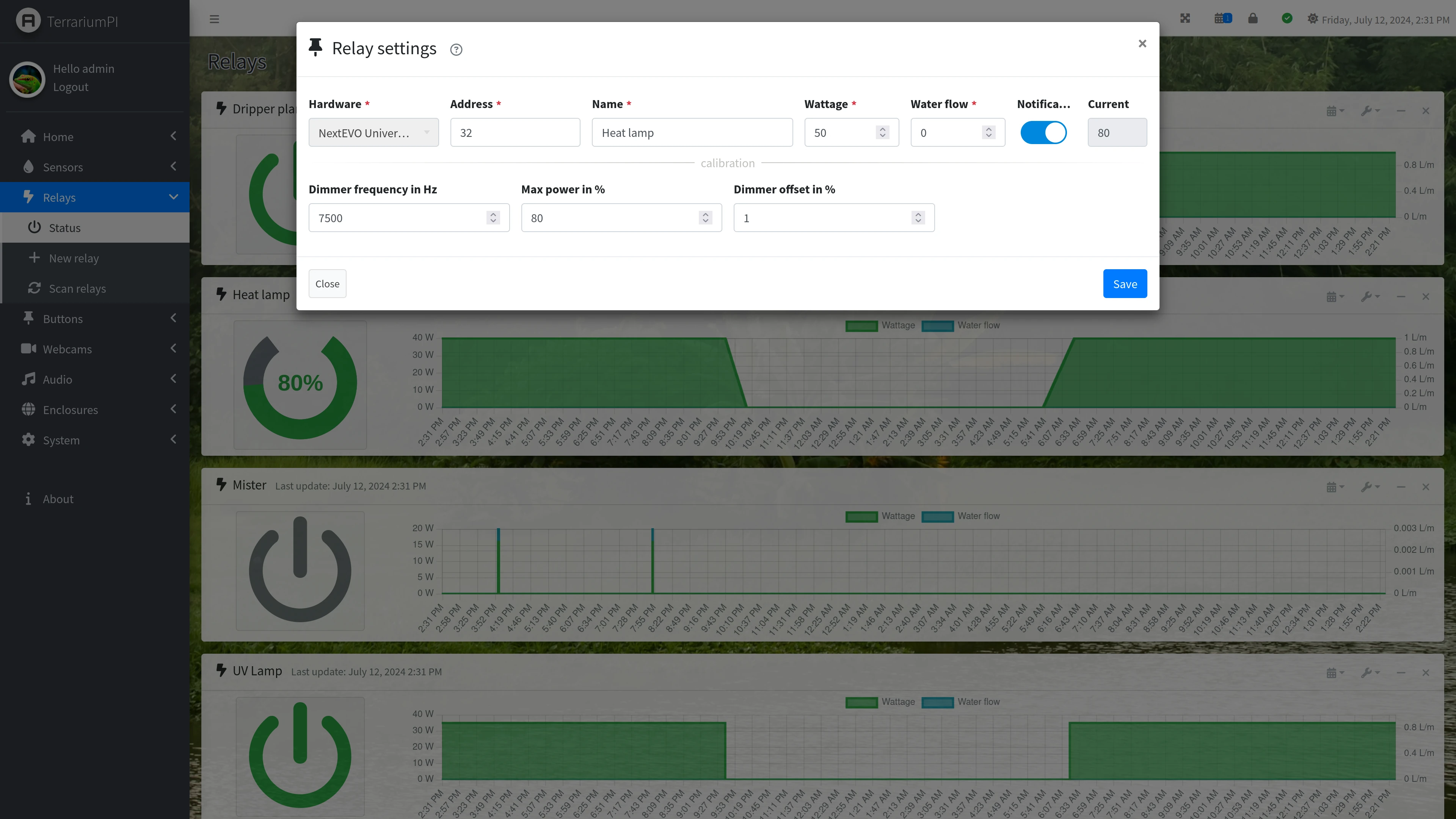 TerrariumPI 4.0 Relays settings screenshot