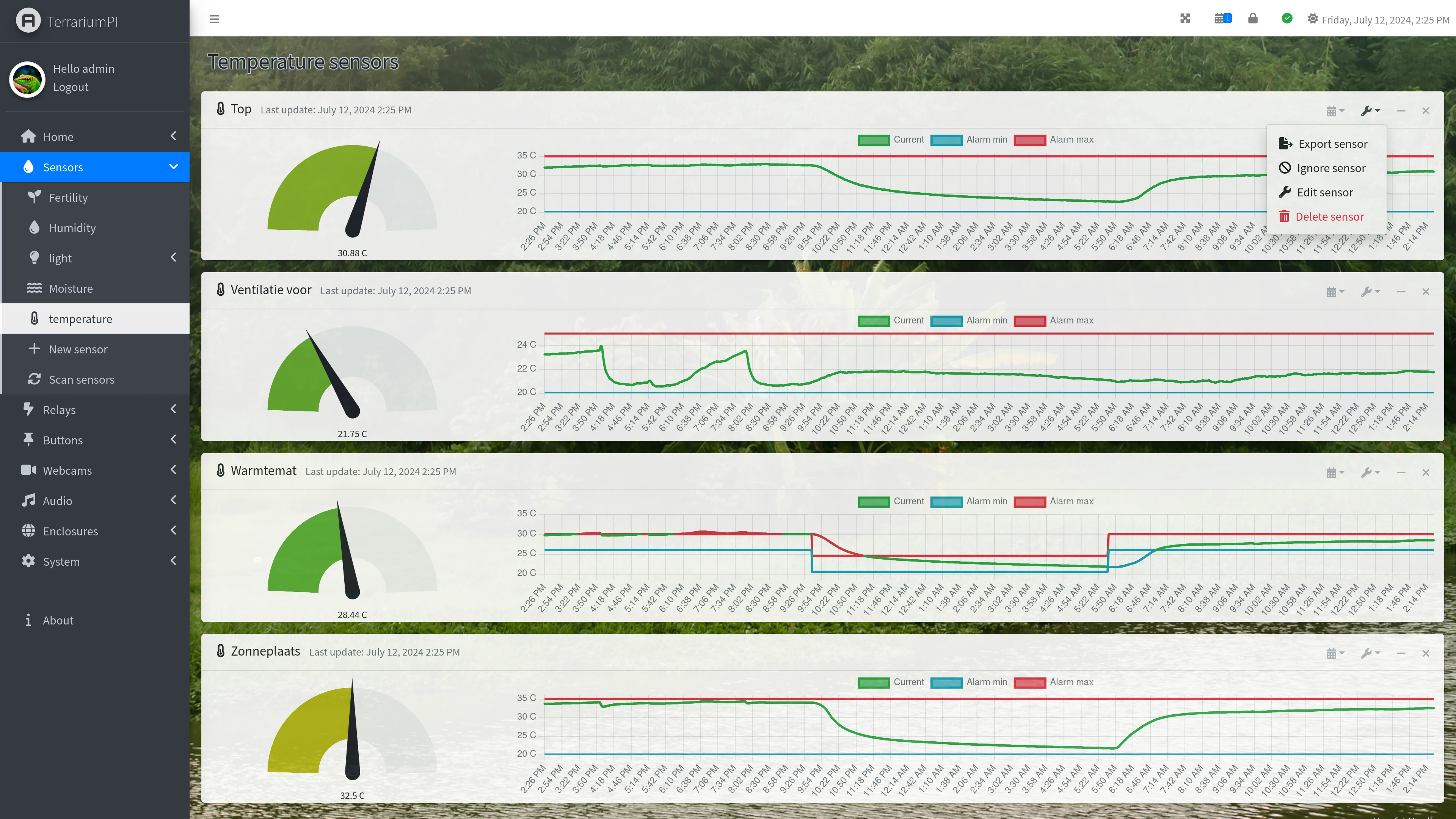 TerrariumPI 4.0 Sensors temperature list screenshot