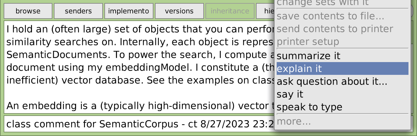 Context menu on text field with class comment for SemanticCorpus: summarize, explain it, ask question about it..., say it, speak to type