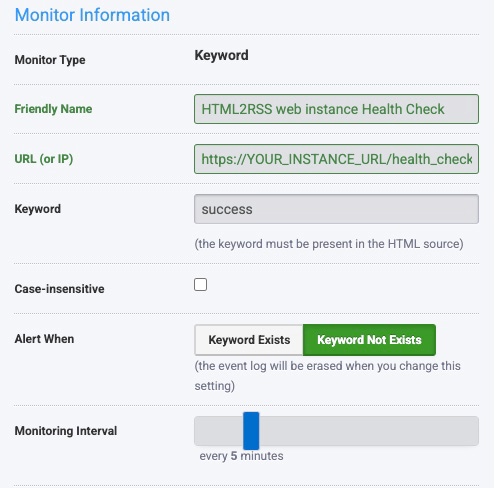 A screenshot showing the Keyword Monitor: a name, the instance's URL to /health_check.txt, and an interval.