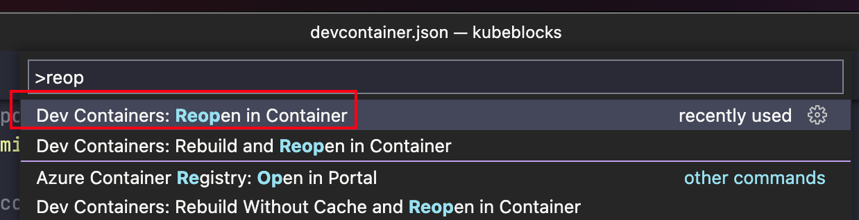 reopen dev container by command