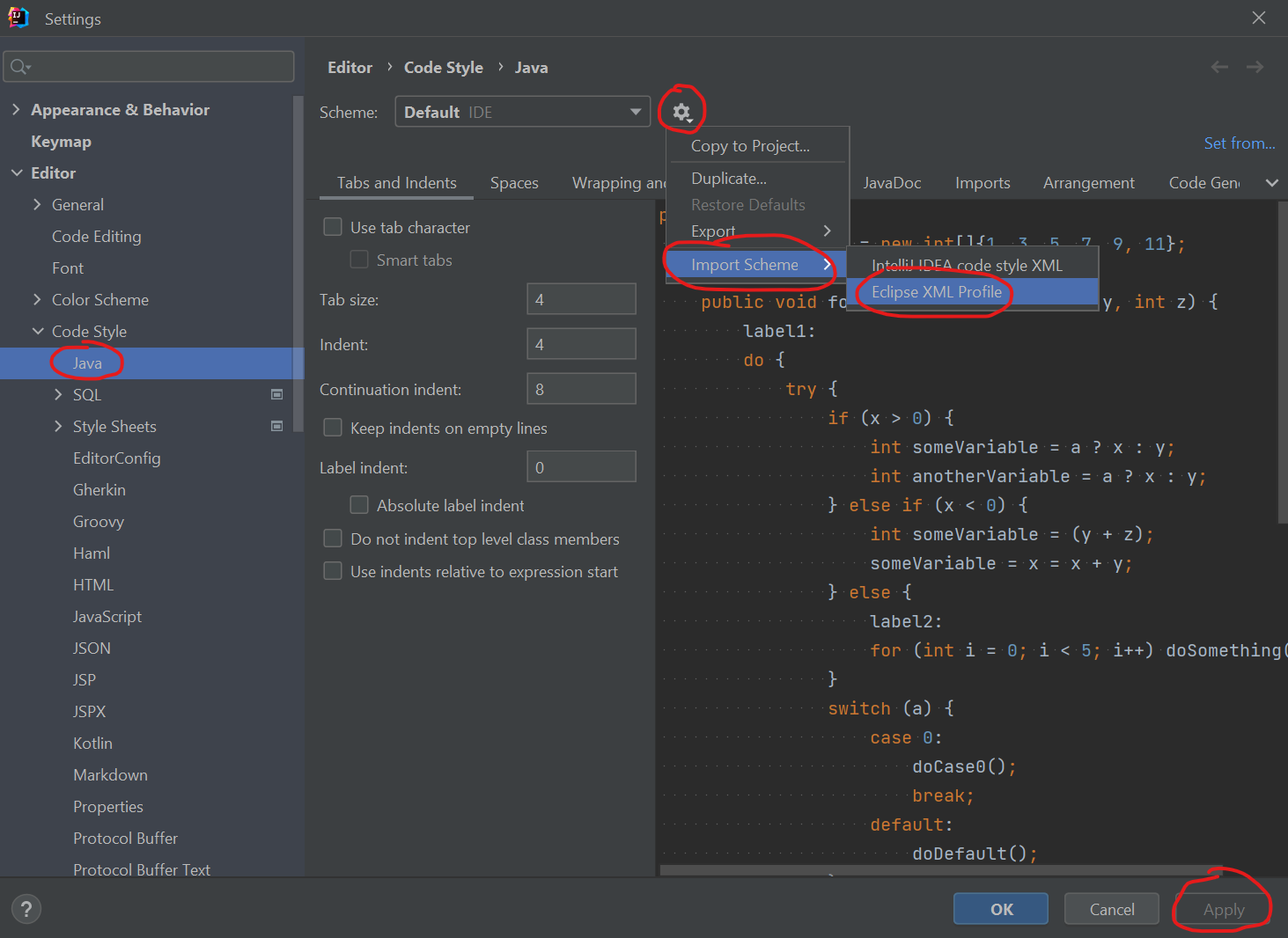 Screenshot IntelliJ Java Formatter Einstellungen