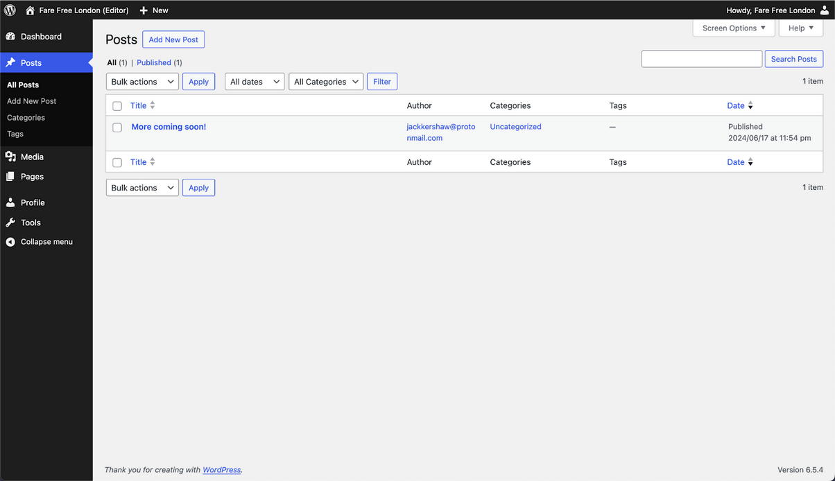 a wordpress dashboard with posts written on it