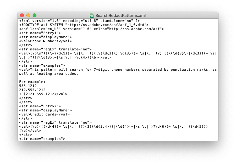 screenshot of the beginning of SearchRedactPatterns.xml