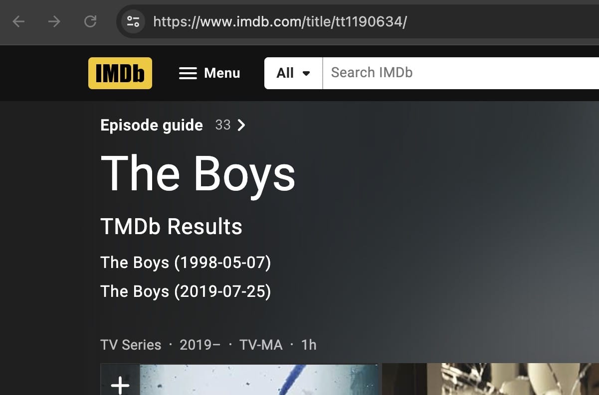 Screenshot of IMDb page with links to TMDb