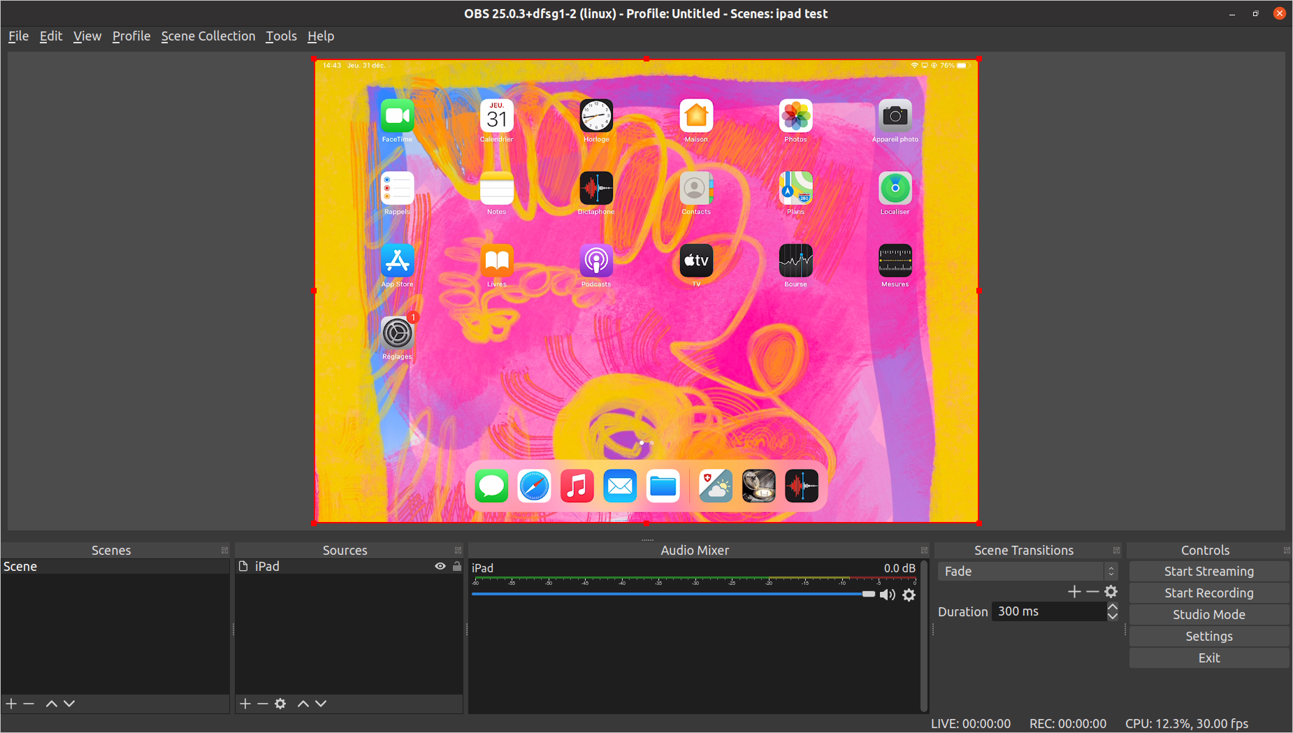 iPad screen in OBS Studio