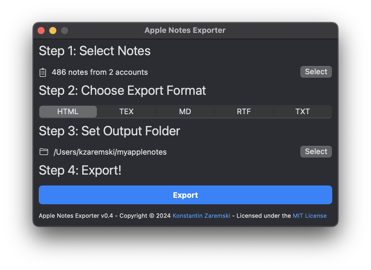 Screenshot of version 0.4 of the Apple Notes Exporter