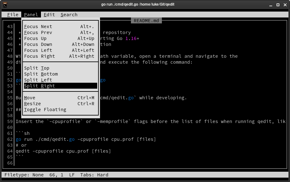 Editing the README with the "Panel" menu open.
