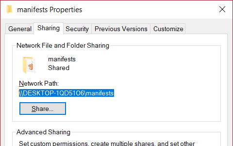 The path of the network share as seen in the Properties window of the folder