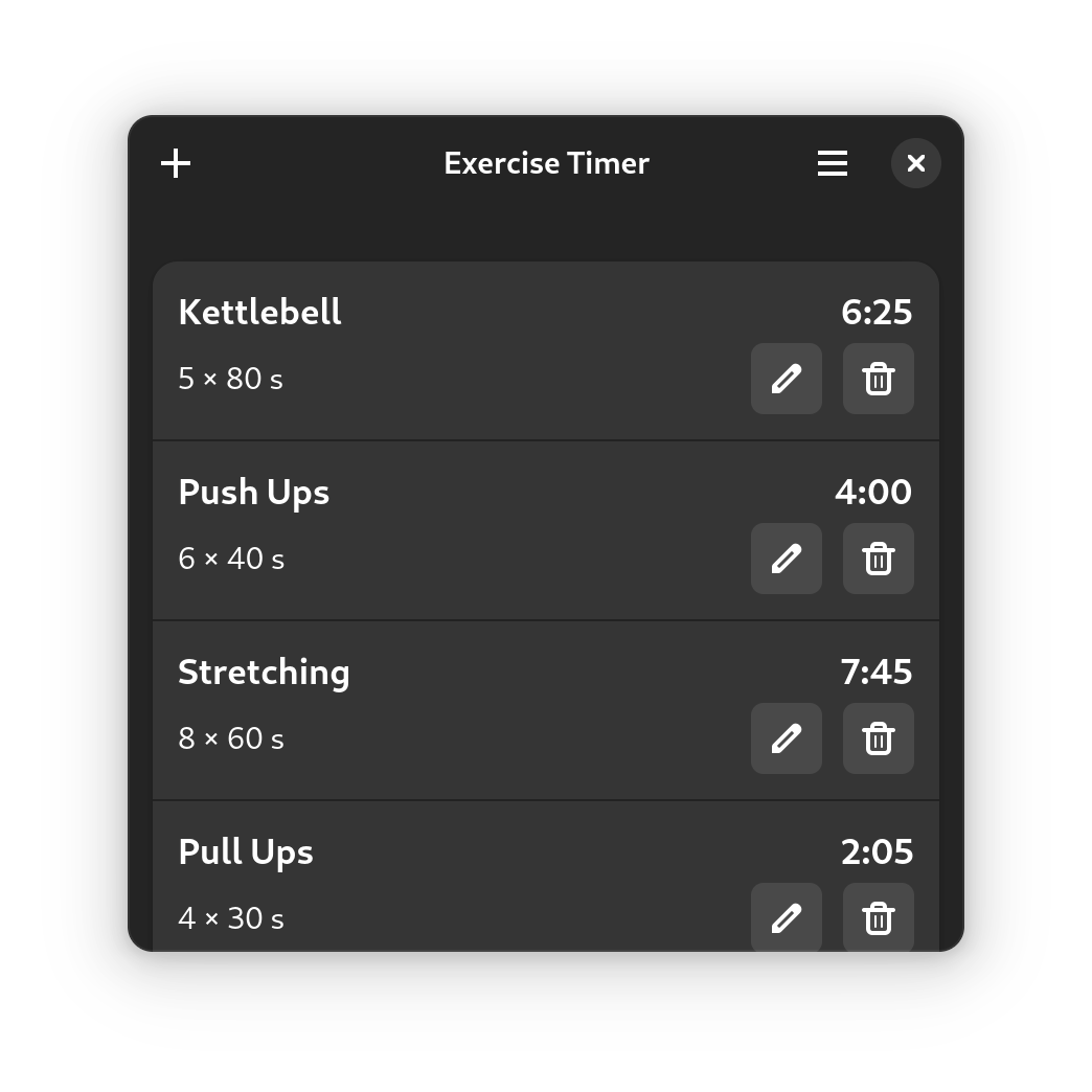 A screenshot of Exercise Timer's exercise list UI