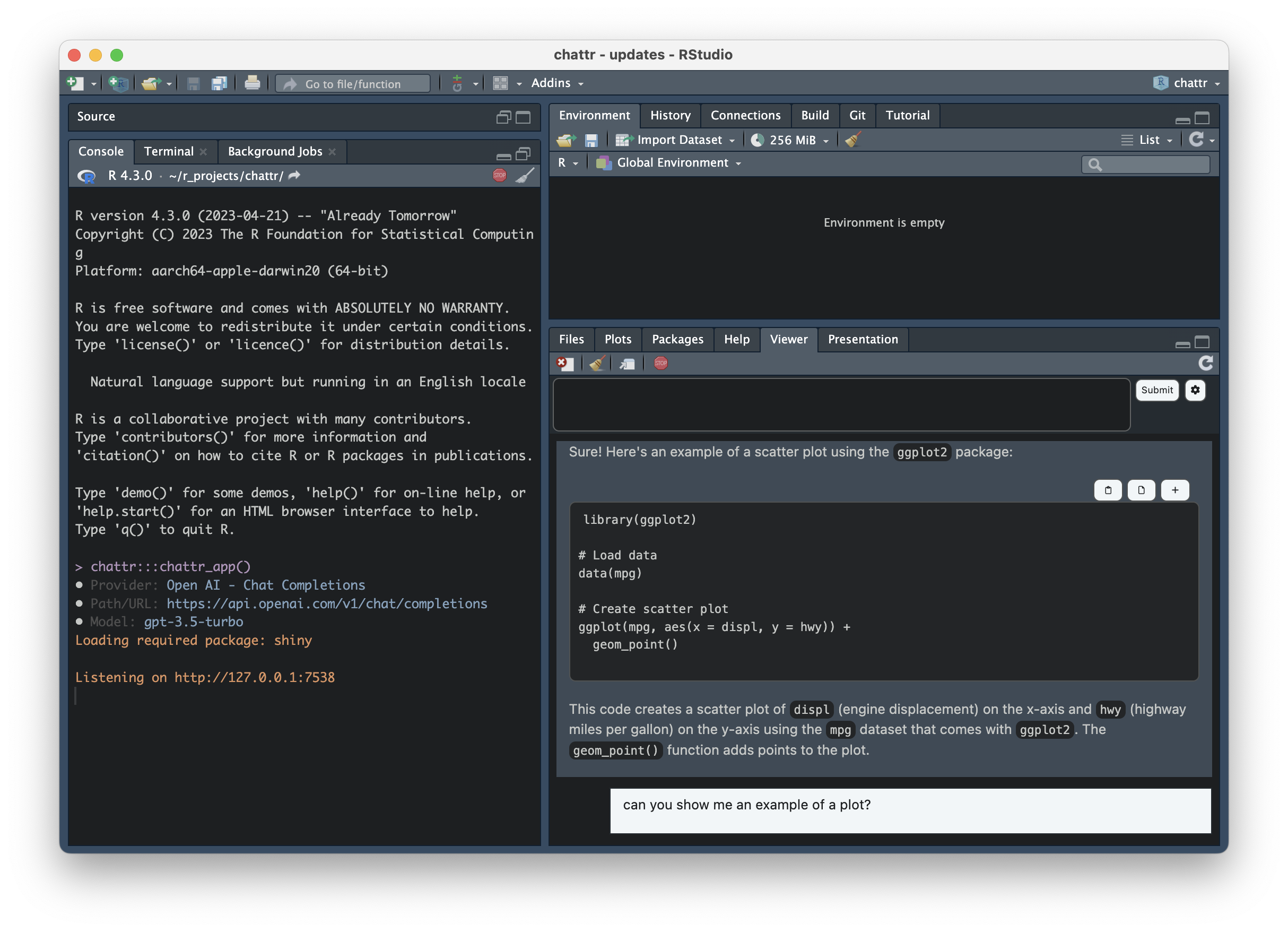 Screenshot of the Sniny gadget app in a dark mode RStudio theme