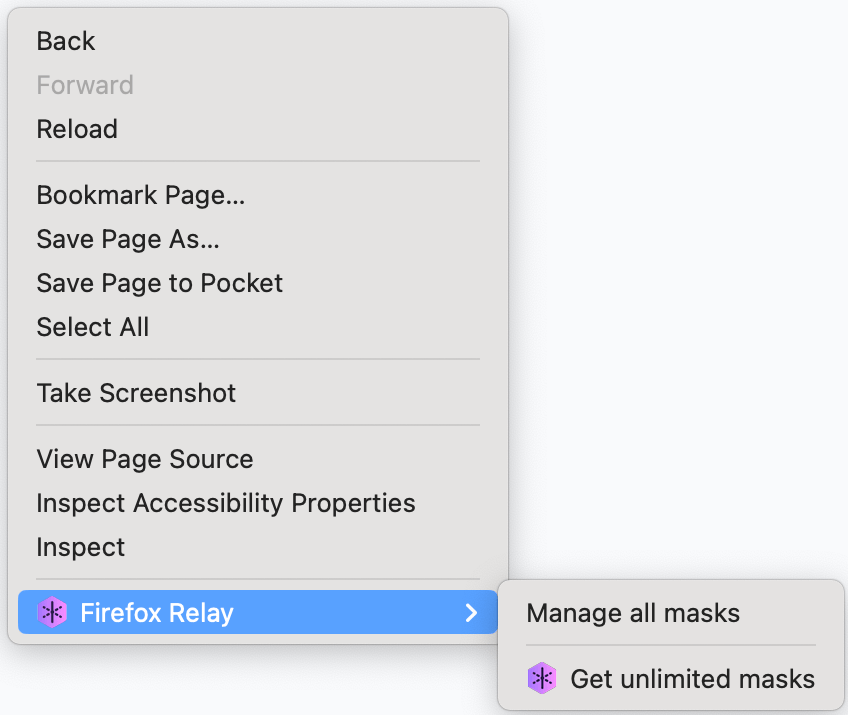 The Relay context menu on a webpage. The mask options are under a 'Firefox Relay' menu, and go to the Relay website.