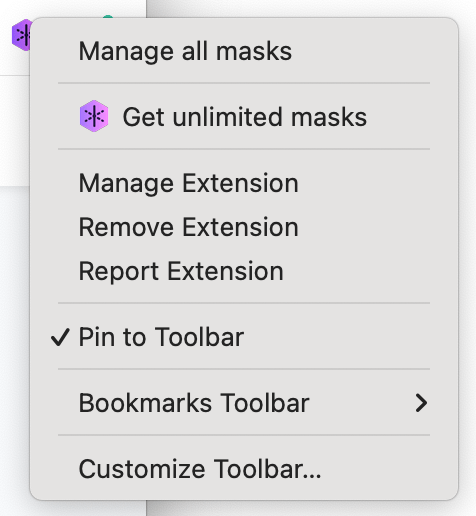 The Relay context menu for the extension icon in the toolbar for a free user. 'Manage all mask' and 'Get unlimited masks' are at the top, followed by the standard context menu for extensions.