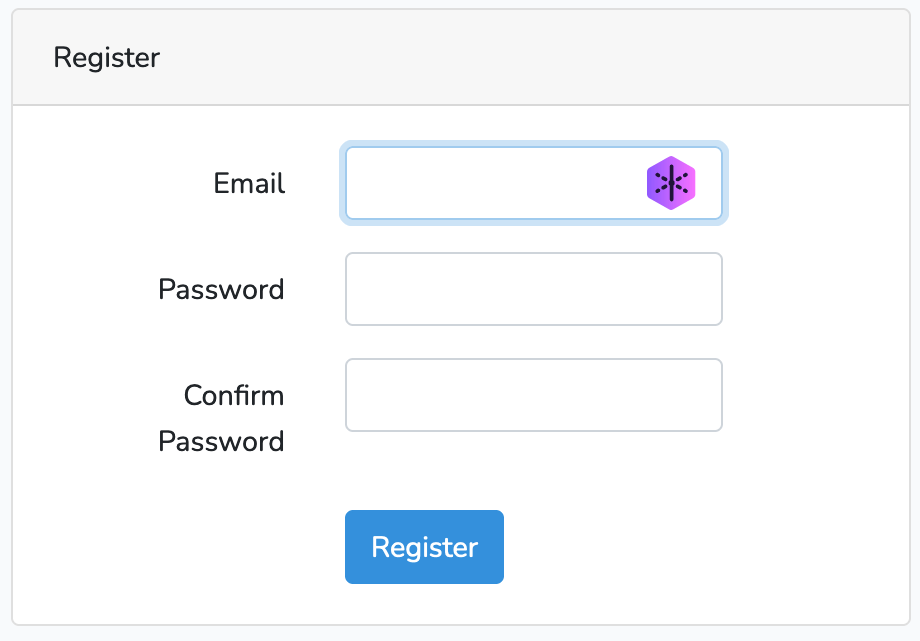 A registration form with email and password, with the Relay icon at the right side of the email input.