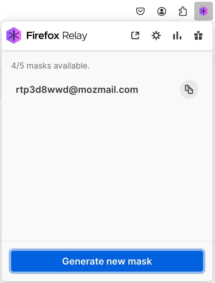 The Relay extension masks page, with one mask. The banner says '4/5 masks available.', and the button says 'Generate new mask'