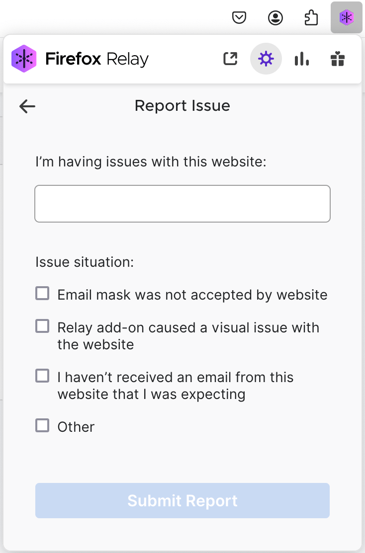 The Relay extension 'Report Issue' page, with a blank website box